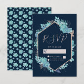 Navy Blue Succulenten & Roos Gold Wedding RSVP Kaartje (Voorkant / Achterkant)