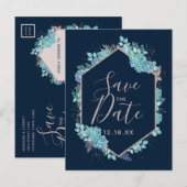 Navy Blue Succulents & Roos Gold Save the Date Aankondigingskaart (Voorkant / Achterkant)