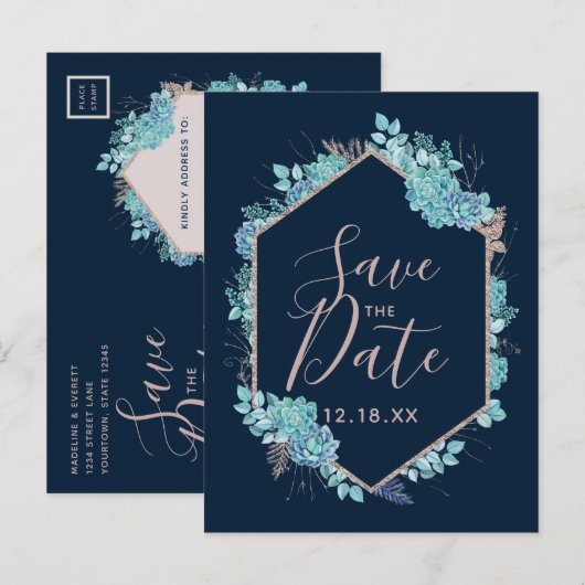 Navy Blue Succulents & Roos Gold Save the Date Aankondigingskaart (Voorkant / Achterkant)