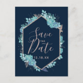 Navy Blue Succulents & Roos Gold Save the Date Aankondigingskaart (Voorkant)