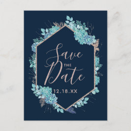 Navy Blue Succulents & Roos Gold Save the Date Aankondigingskaart