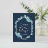 Navy Blue Succulents & Roos Gold Save the Date Aankondigingskaart (Staand voorkant)