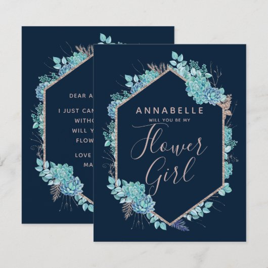 Navy Blue Succulents wordt mijn Bloemenmeisje Kaart (Voorkant / Achterkant)