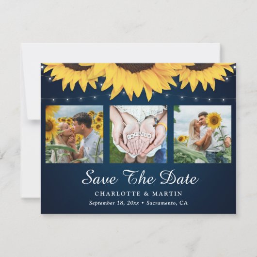 Navy Blue Sunflower 3 Foto redt datumkaarten Save The Date (Voorkant)