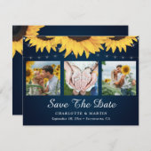 Navy Blue Sunflower 3 Foto redt datumkaarten Save The Date (Voorkant / Achterkant)