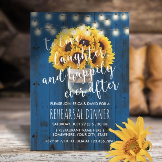 Navy Blue Sunflower Barn Wedding Rehearsal Dinner Kaart