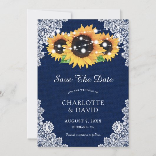 Navy Blue Sunflower bespaart de datumkaarten Save The Date (Voorkant)