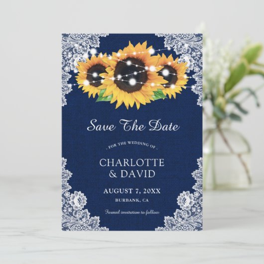 Navy Blue Sunflower bespaart de datumkaarten Save The Date (Staand voorkant)
