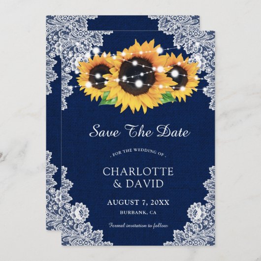 Navy Blue Sunflower bespaart de datumkaarten Save The Date (Voorkant / Achterkant)