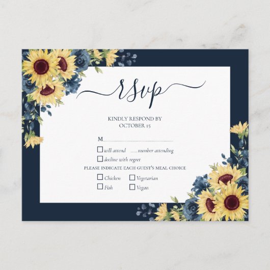 Navy Blue Sunflower Botanical Script Weddenschap R Uitnodiging Briefkaart (Voorkant)