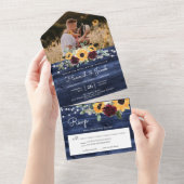 Navy Blue Sunflower Burgundy Rozen Foto Weddenscha All In One Uitnodiging (Afscheurbaar)