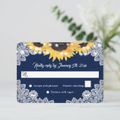 Navy Blue Sunflower Burlap Floral Lace Wedding RSVP Kaartje (Staand voorkant)