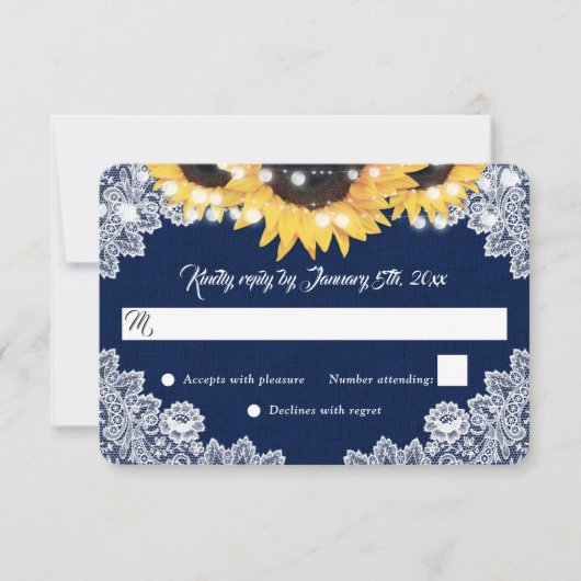 Navy Blue Sunflower Burlap Floral Lace Wedding RSVP Kaartje (Voorkant)
