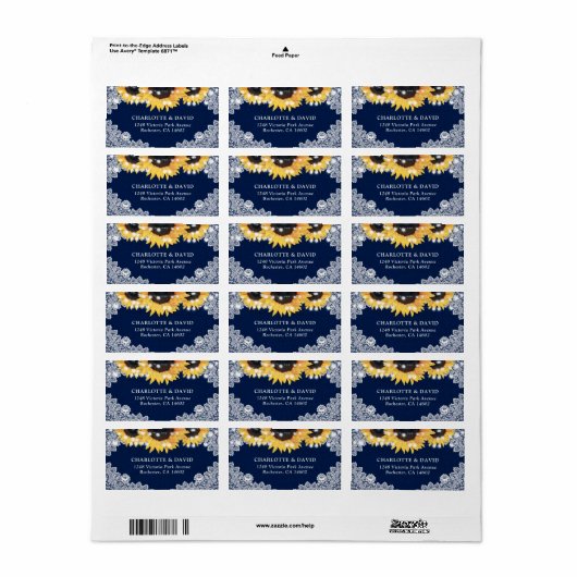 Navy Blue Sunflower Burlap Lace Address Labels (Full Sheet)
