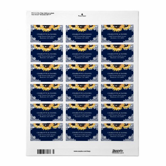 Navy Blue Sunflower Burlap Lace Address Labels (Full Sheet)