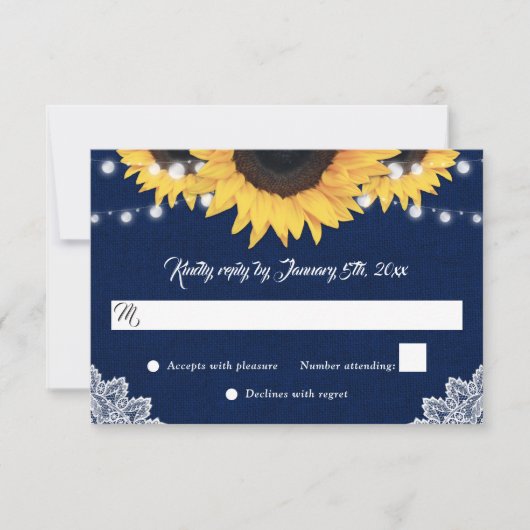 Navy Blue Sunflower Burlap String Lights Wedding RSVP Kaartje (Voorkant)