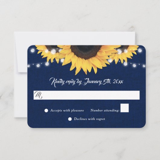 Navy Blue Sunflower Burlap String Lights Wedding RSVP Kaartje (Voorkant)
