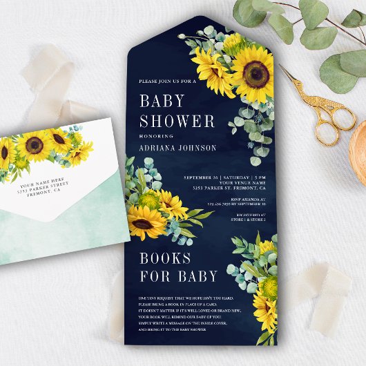 Navy Blue Sunflower Eucalyptus Leaves Baby shower All In One Uitnodiging