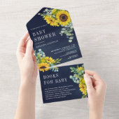 Navy Blue Sunflower Eucalyptus Leaves Baby shower All In One Uitnodiging (Afscheurbaar)