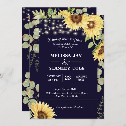 Navy Blue Sunflower Eucalyptus Lights Weddenschap Kaart (Voorkant / Achterkant)