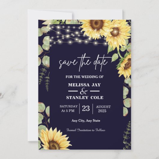 Navy Blue Sunflower Eucalyptus String Lights Save The Date (Voorkant)
