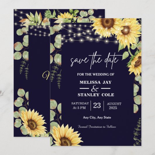 Navy Blue Sunflower Eucalyptus String Lights Save The Date (Voorkant / Achterkant)