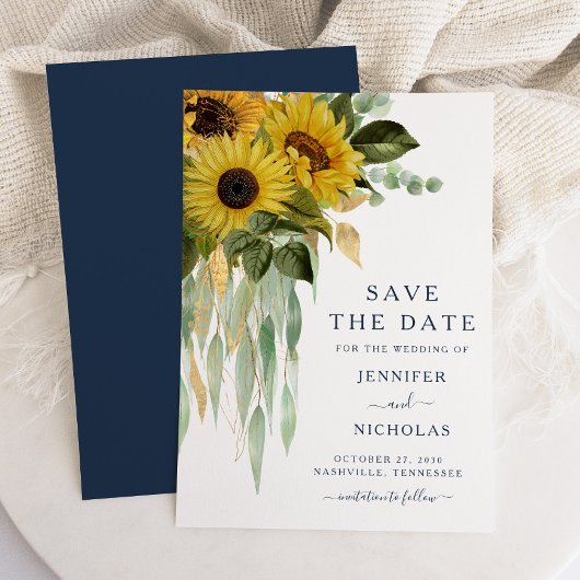 Navy Blue Sunflower Eucalyptus Weddenschap Save The Date