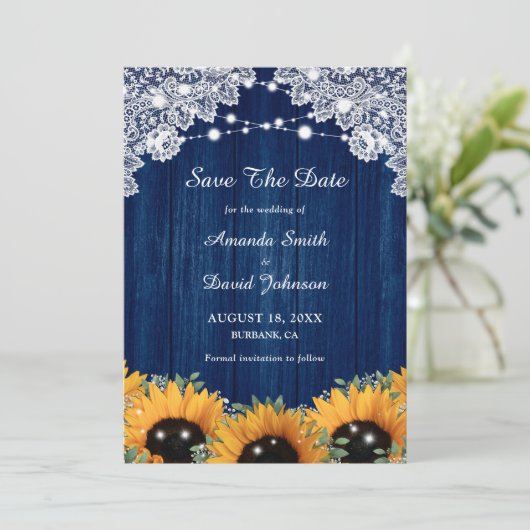 Navy Blue Sunflower Eucalyptus Weddenschap Save The Date (Staand voorkant)