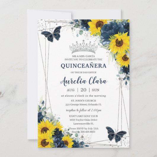 Navy Blue Sunflower Floral Butterflies Quinceañera Kaart (Voorkant)