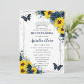 Navy Blue Sunflower Floral Butterflies Quinceañera Kaart (Staand voorkant)
