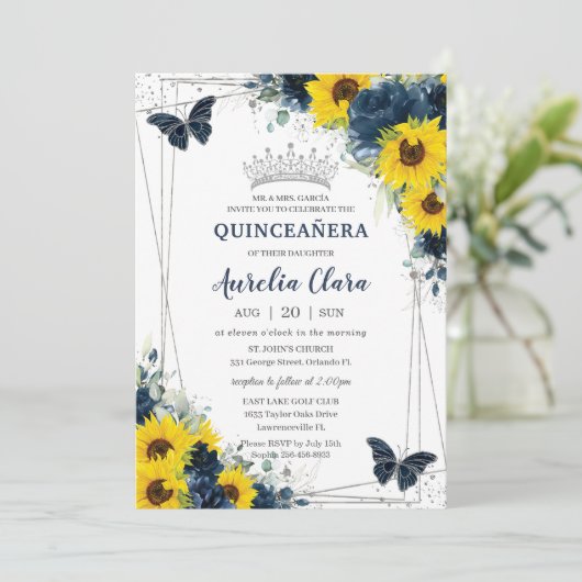 Navy Blue Sunflower Floral Butterflies Quinceañera Kaart (Staand voorkant)