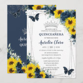 Navy Blue Sunflower Floral Butterflies Quinceañera Kaart (Voorkant / Achterkant)