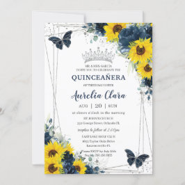 Navy Blue Sunflower Floral Butterflies Quinceañera Kaart