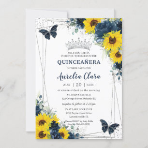 Navy Blue Sunflower Floral Butterflies Quinceañera Kaart