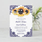 Navy Blue Sunflower Floral Lace Rustic Wedding Kaart (Staand voorkant)
