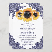 Navy Blue Sunflower Floral Lace Rustic Wedding Kaart (Voorkant / Achterkant)