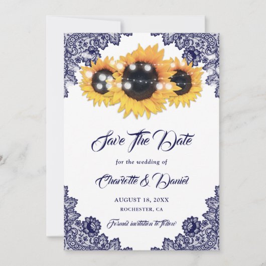 Navy Blue Sunflower Floral Lace Rustic Wedding Save The Date (Voorkant)