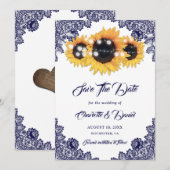 Navy Blue Sunflower Floral Lace Rustic Wedding Save The Date (Voorkant / Achterkant)