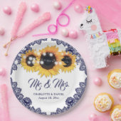 Navy Blue Sunflower Floral Lace Wedding Papieren Bordje (Feest)