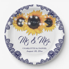 Navy Blue Sunflower Floral Lace Wedding Papieren Bordje