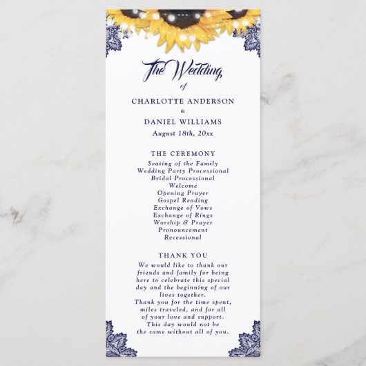 Navy Blue Sunflower Floral Lace Wedding Program Programmakaart (Voorkant)