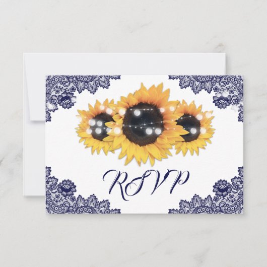 Navy Blue Sunflower Floral Lace Wedding RSVP Kaartje (Voorkant)