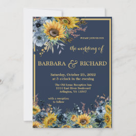 Navy Blue Sunflower Floral Wedding Kaart