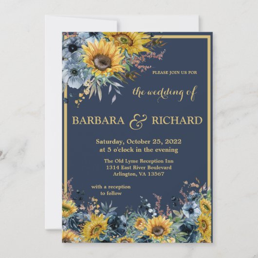 Navy Blue Sunflower Floral Wedding Kaart (Voorkant)
