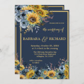 Navy Blue Sunflower Floral Wedding Kaart (Voorkant / Achterkant)