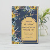 Navy Blue Sunflower Floral Wedding Kaart (Staand voorkant)