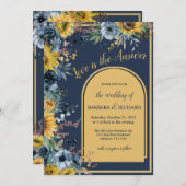 Navy Blue Sunflower Floral Wedding Kaart (Voorkant / Achterkant)