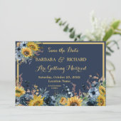 Navy Blue Sunflower Floral Wedding Save Date Kaart (Staand voorkant)