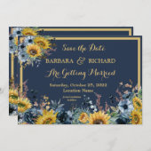 Navy Blue Sunflower Floral Wedding Save Date Kaart (Voorkant / Achterkant)