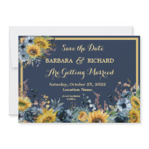 Navy Blue Sunflower Floral Wedding Save Date